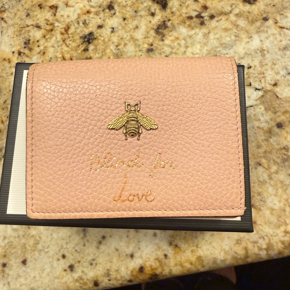 Gucci Pink Leather Card Holder with Gold Bee